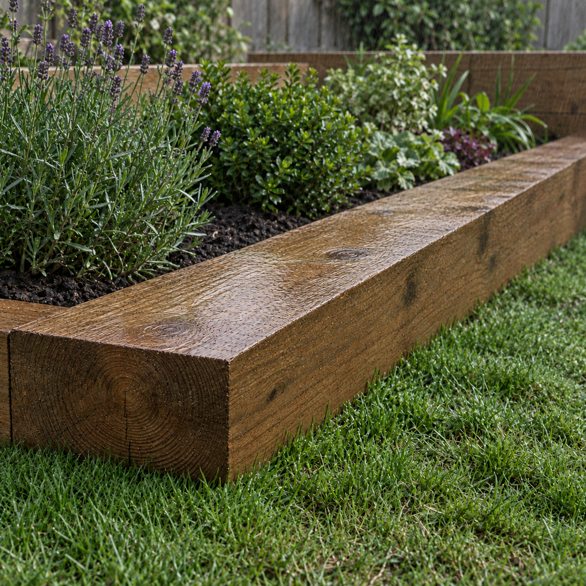 Railway Sleeper in a garden, rain light