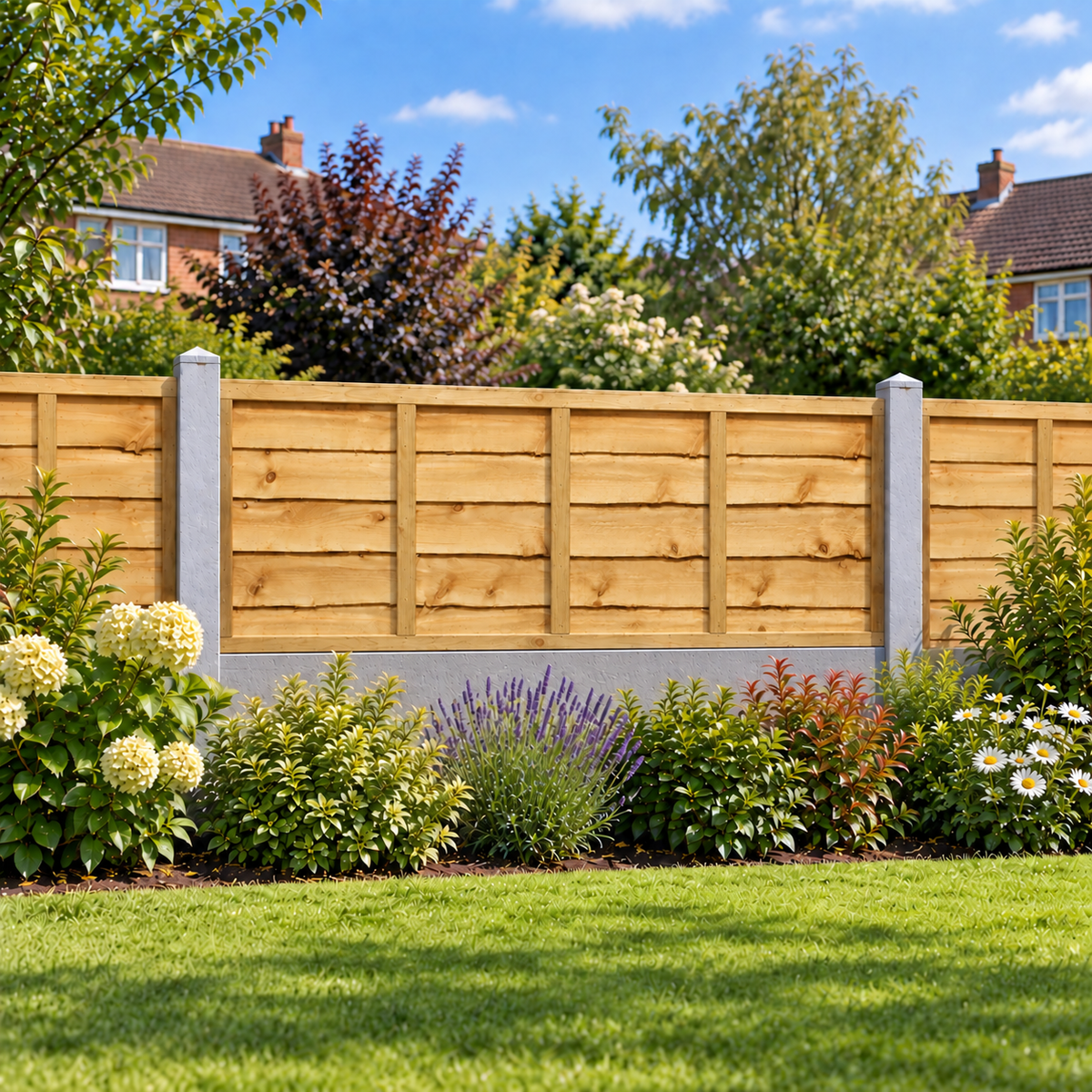 Waney Lap Panels Five Bar Fully Framed 6ft x 2ft – day garden view