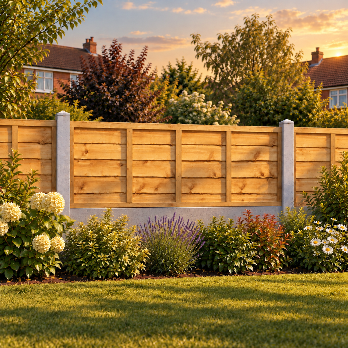 Waney Lap Panels Five Bar Fully Framed 6ft x 2ft – evening garden view