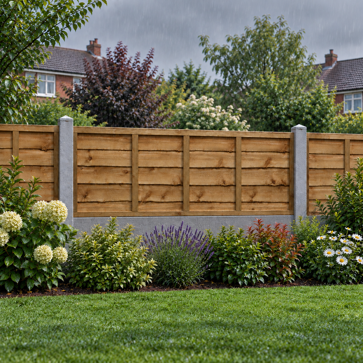 Waney Lap Panels Five Bar Fully Framed 6ft x 2ft – rain garden view