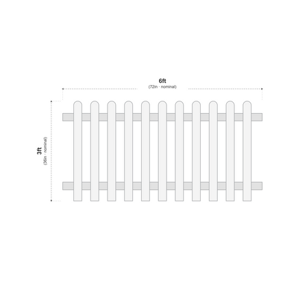 Picket Panels 6ft x 3ft Roundtop dimensions diagram