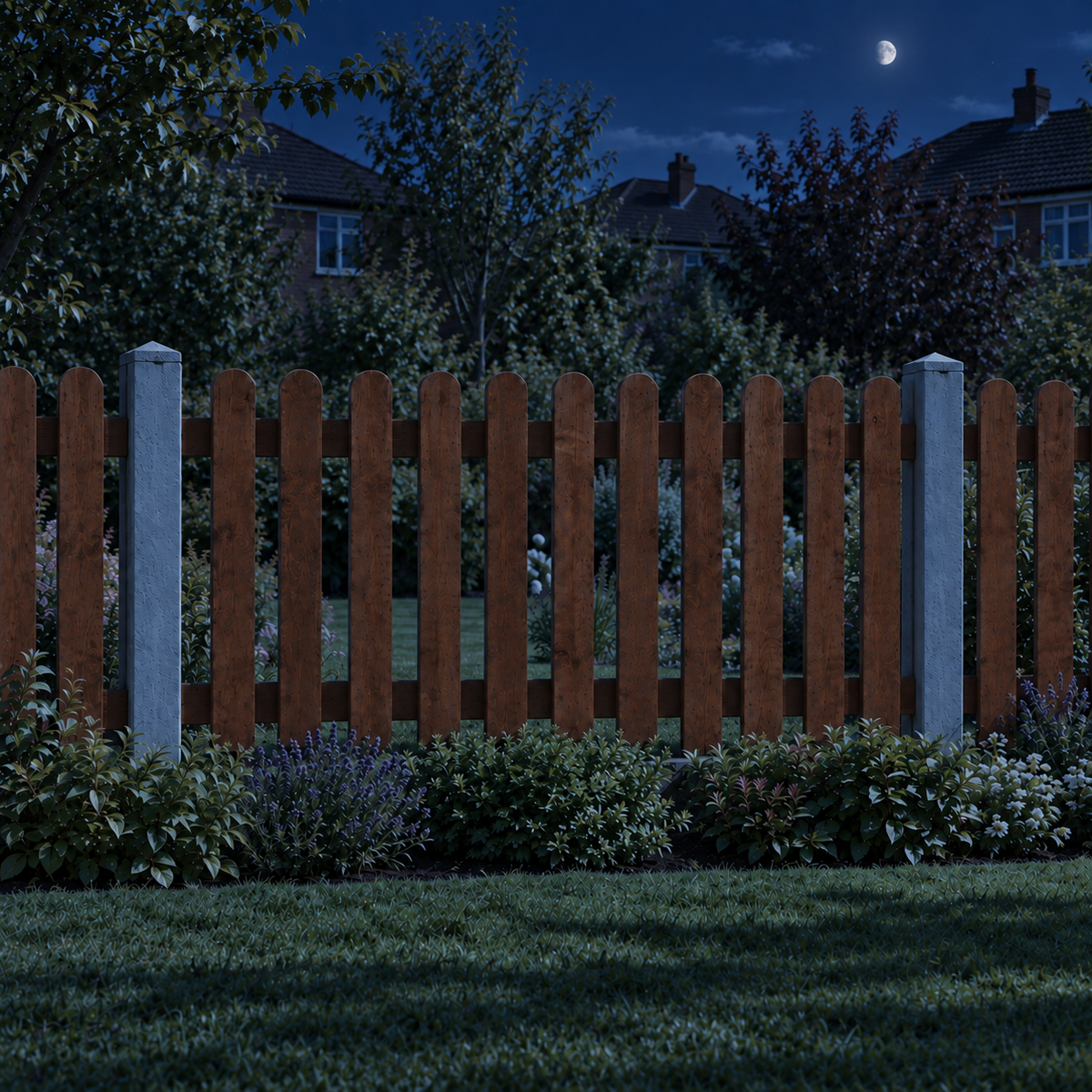 Picket Panels 6ft x 3ft Roundtop – night garden view