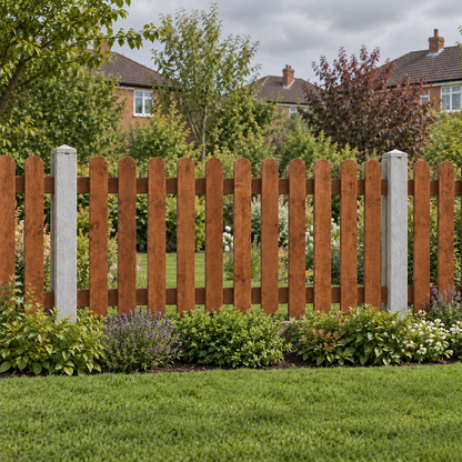 Picket Panels 6ft x 3ft Roundtop – overcast garden view