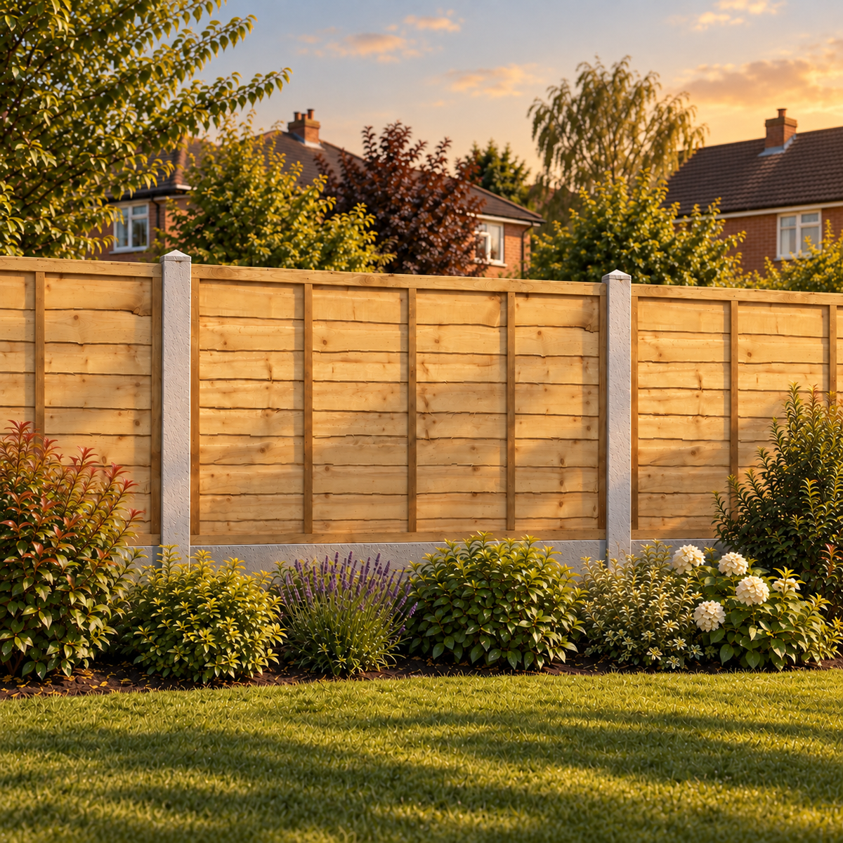 Waney Lap Panels Five Bar Fully Framed 6ft x 3ft – evening garden view