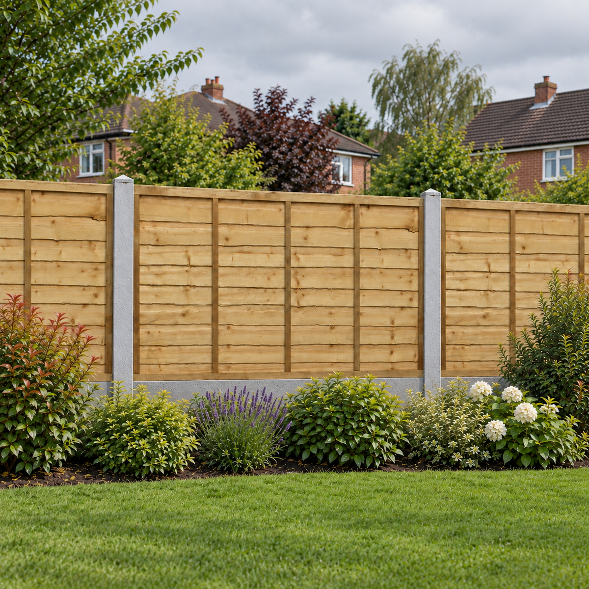 Waney Lap Panels Five Bar Fully Framed 6ft x 3ft – overcast garden view
