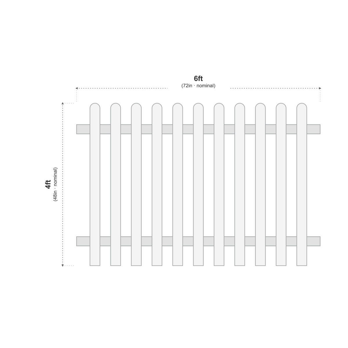 Picket Panels 6ft x 4ft Roundtop dimensions diagram