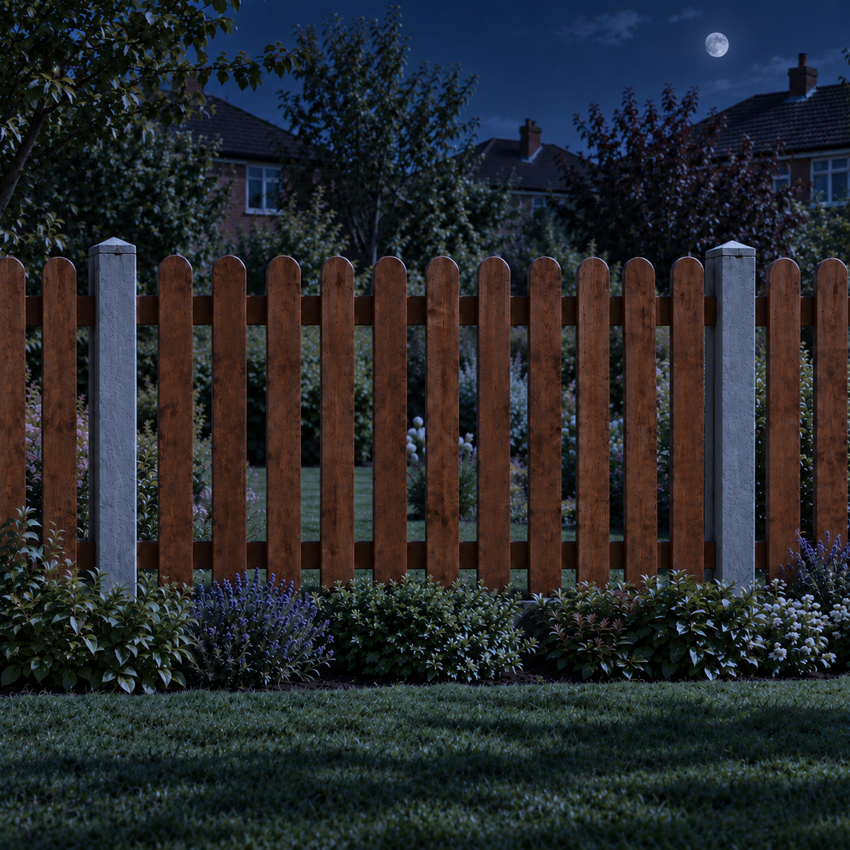 Picket Panels 6ft x 4ft Roundtop – night garden view