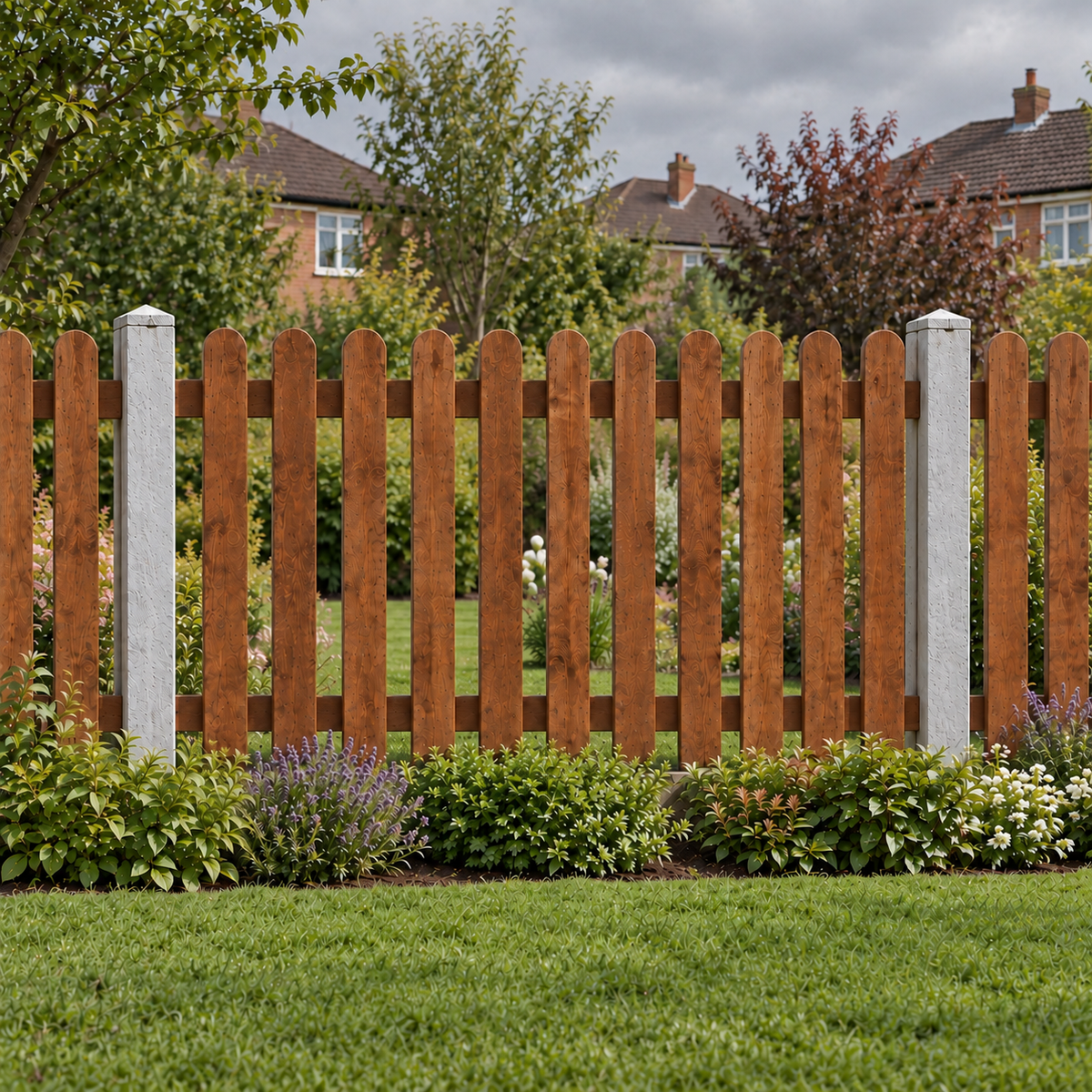 Picket Panels 6ft x 4ft Roundtop – overcast garden view