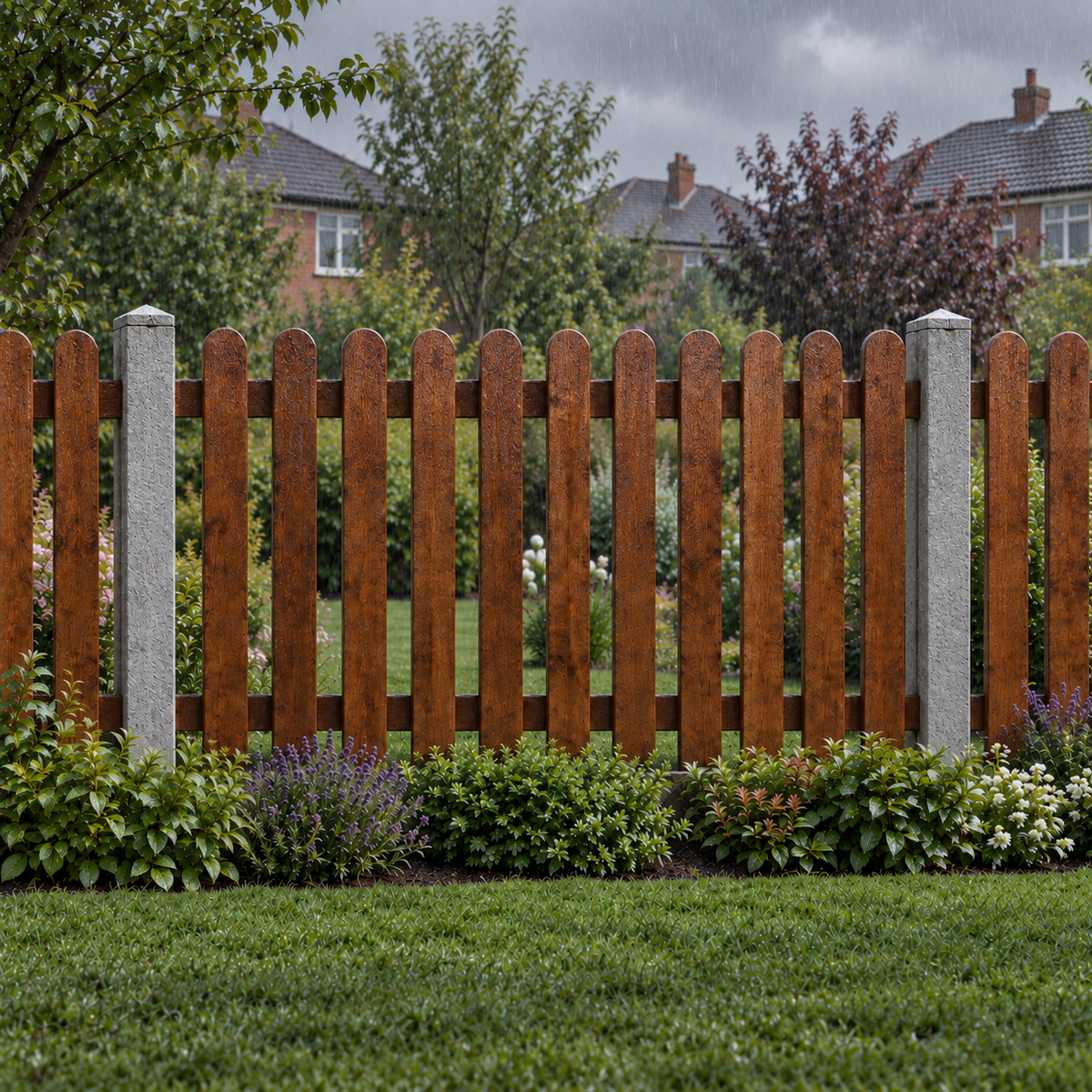 Picket Panels 6ft x 4ft Roundtop – rain garden view
