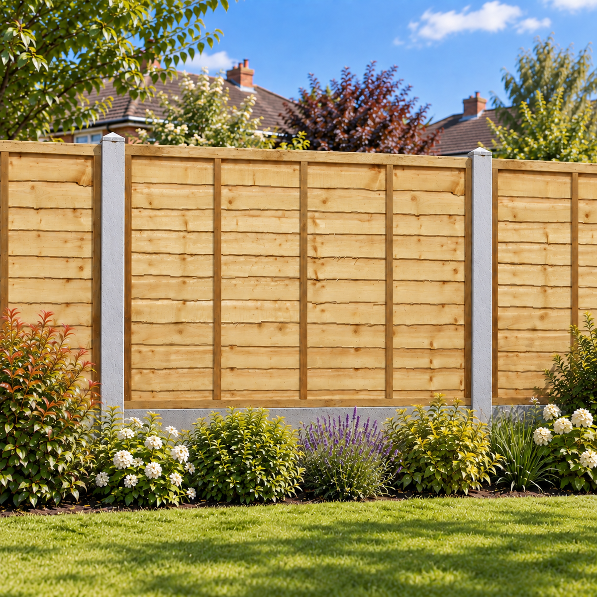 Waney Lap Panels Five Bar Fully Framed 6ft x 4ft – day garden view