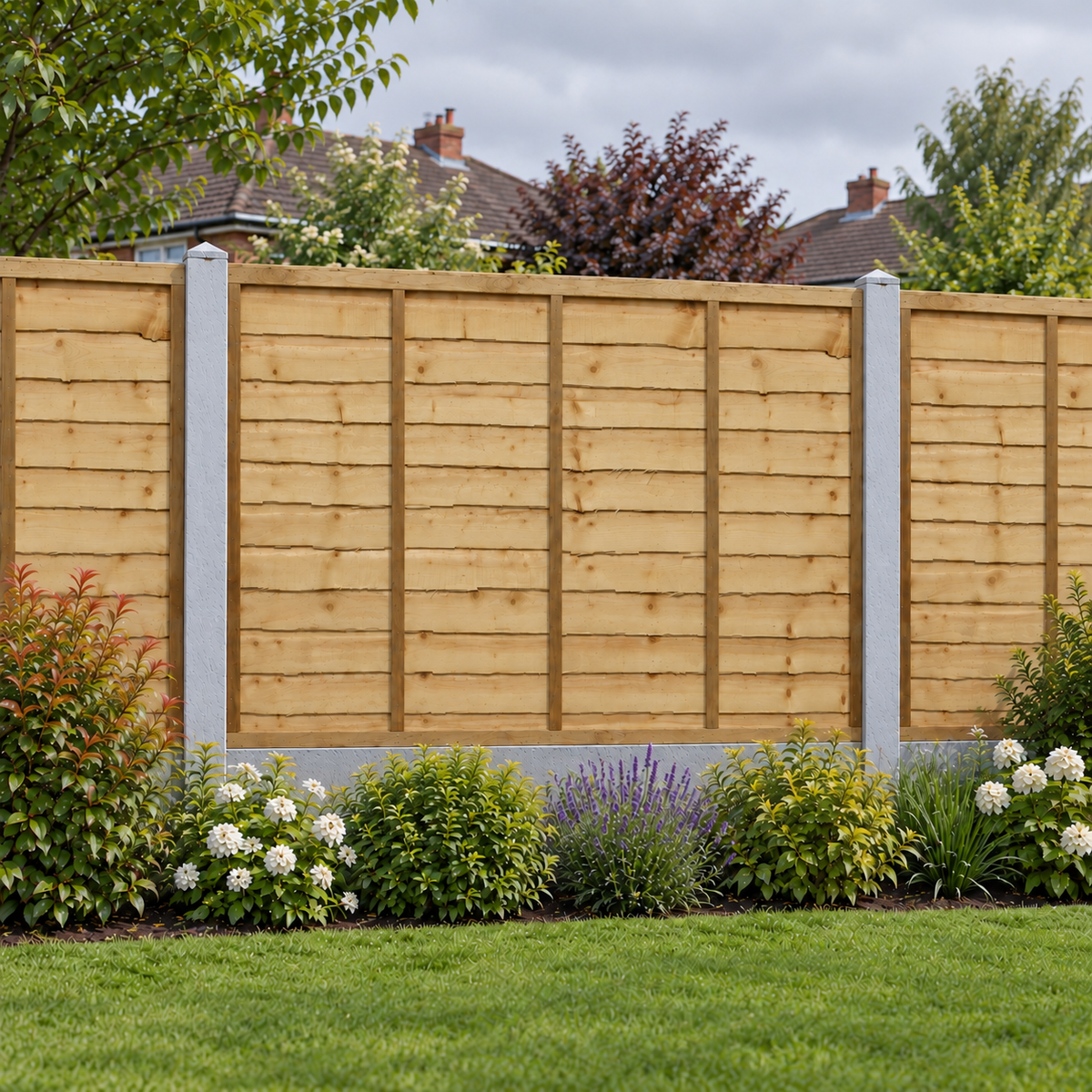 Waney Lap Panels Five Bar Fully Framed 6ft x 4ft – overcast garden view