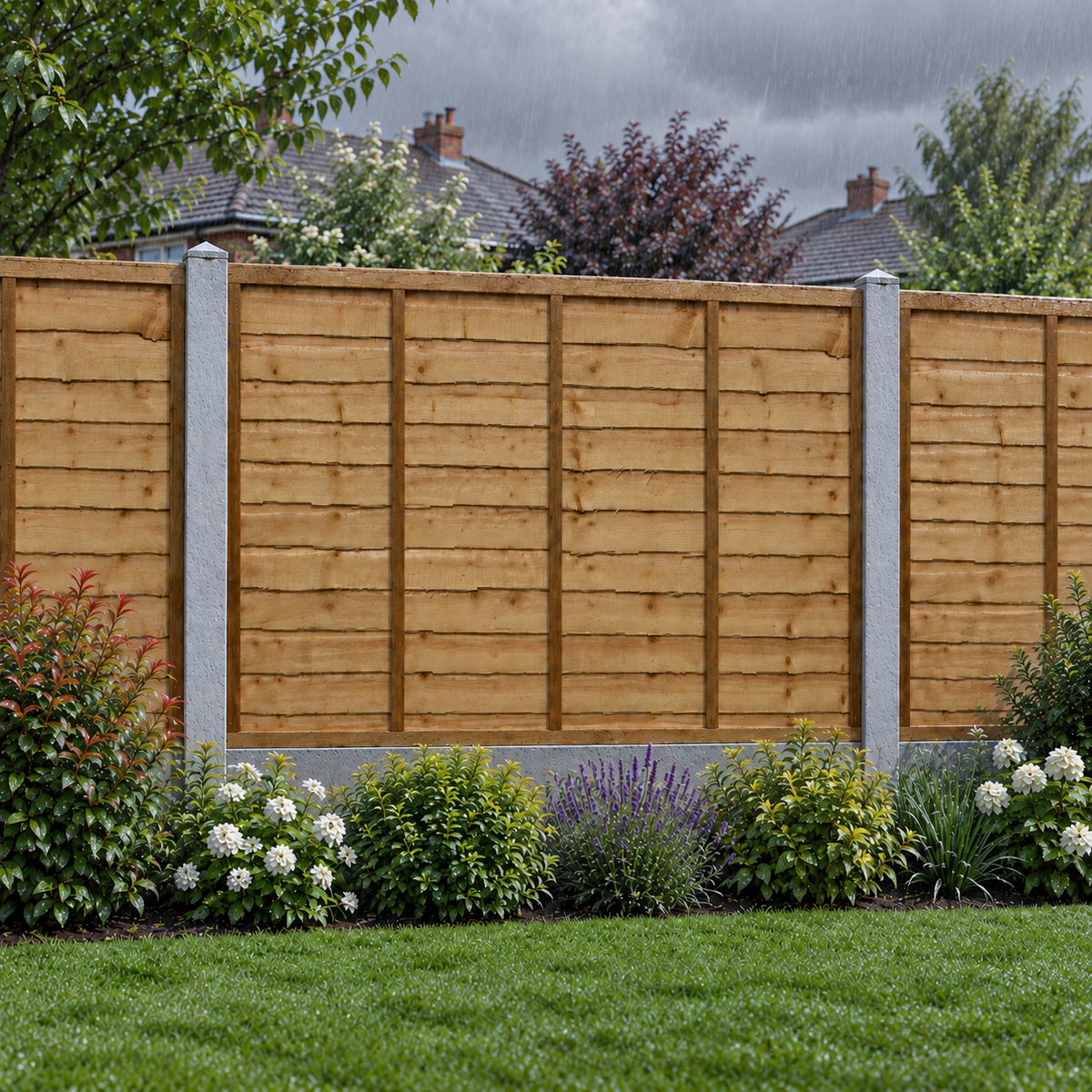 Waney Lap Panels Five Bar Fully Framed 6ft x 4ft – rain garden view