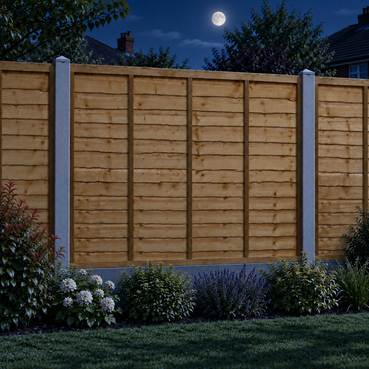 Waney Lap Panels Five Bar Fully Framed 6ft x 5ft – night garden view