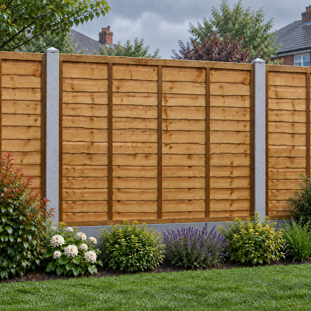 Waney Lap Panels Five Bar Fully Framed 6ft x 5ft – rain garden view