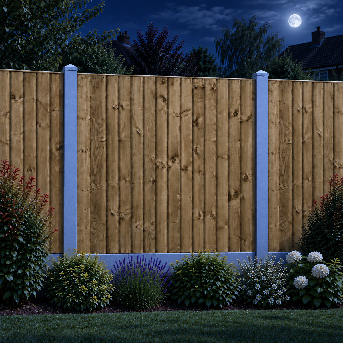 Feather Edge Panel 6ft x 6ft – night garden view