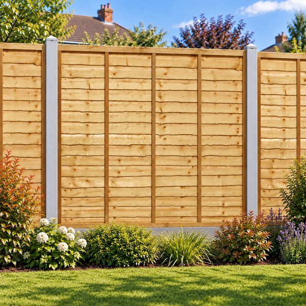 Waney Lap Panels Five Bar Fully Framed 6ft x 6ft – day garden view