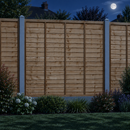 Waney Lap Panels Five Bar Fully Framed 6ft x 6ft – night garden view