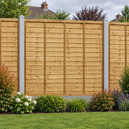 Waney Lap Panels Five Bar Fully Framed 6ft x 6ft – overcast garden view