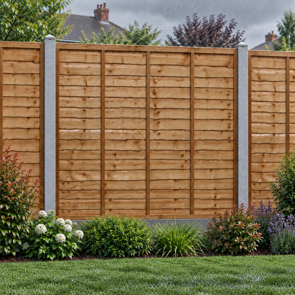 Waney Lap Panels Five Bar Fully Framed 6ft x 6ft – rain garden view