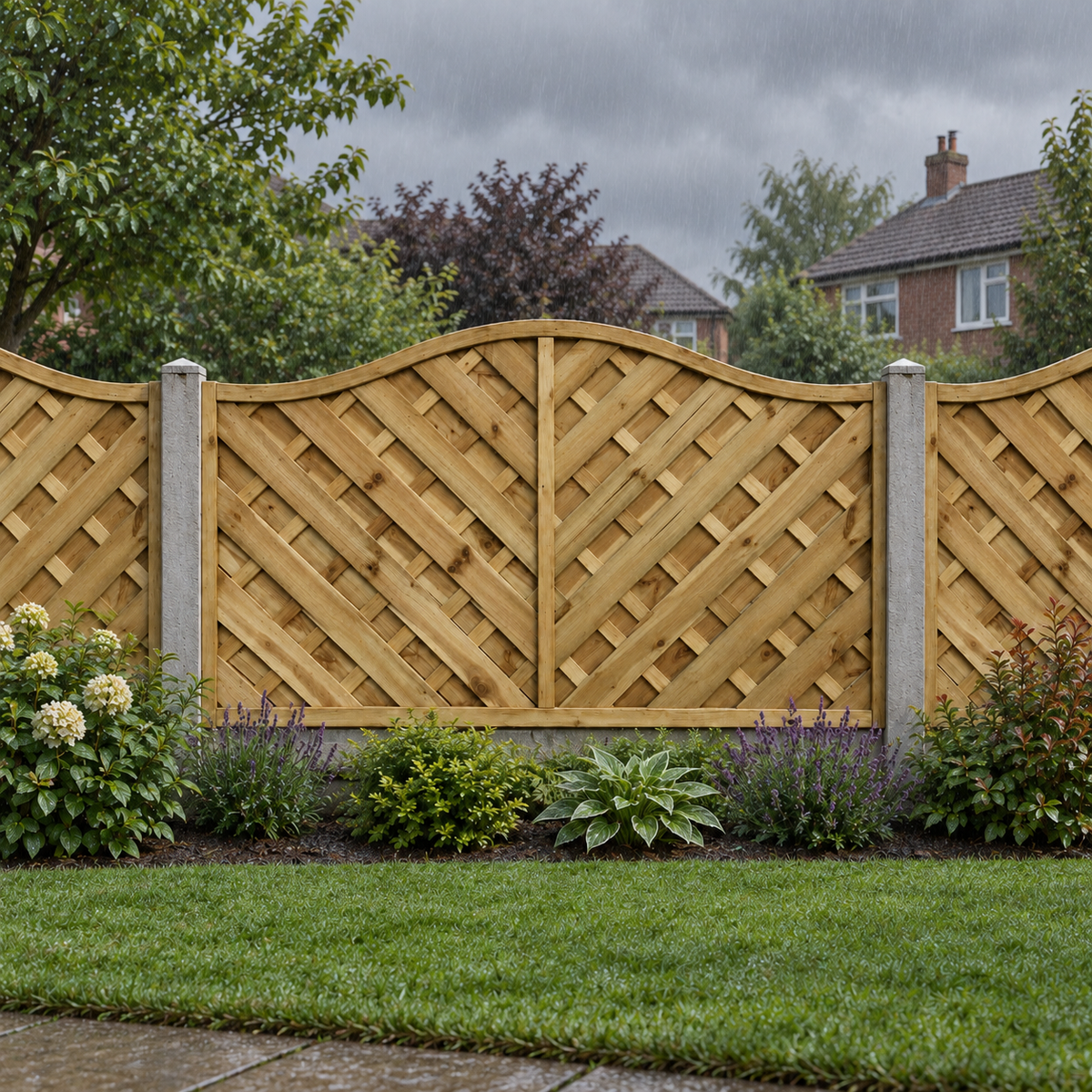 European Panel Model 38, 6 ft wide × 3 ft high, rainy garden