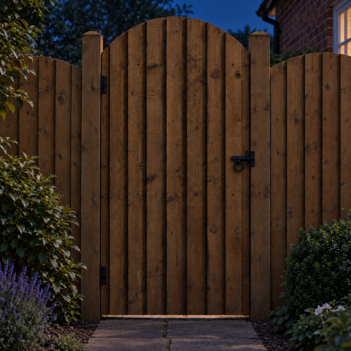 Dome Feather Edge Gate 6ft x 3ft – night garden view