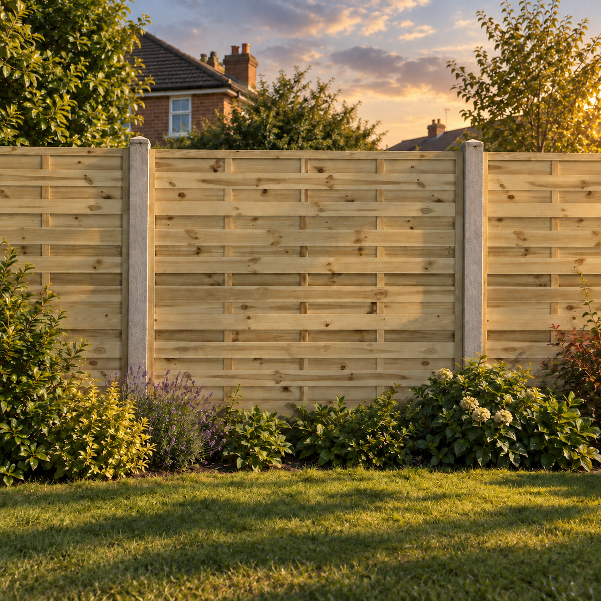 European Panel Model 1 6ft x 5ft 1828 x 1500 – evening garden view
