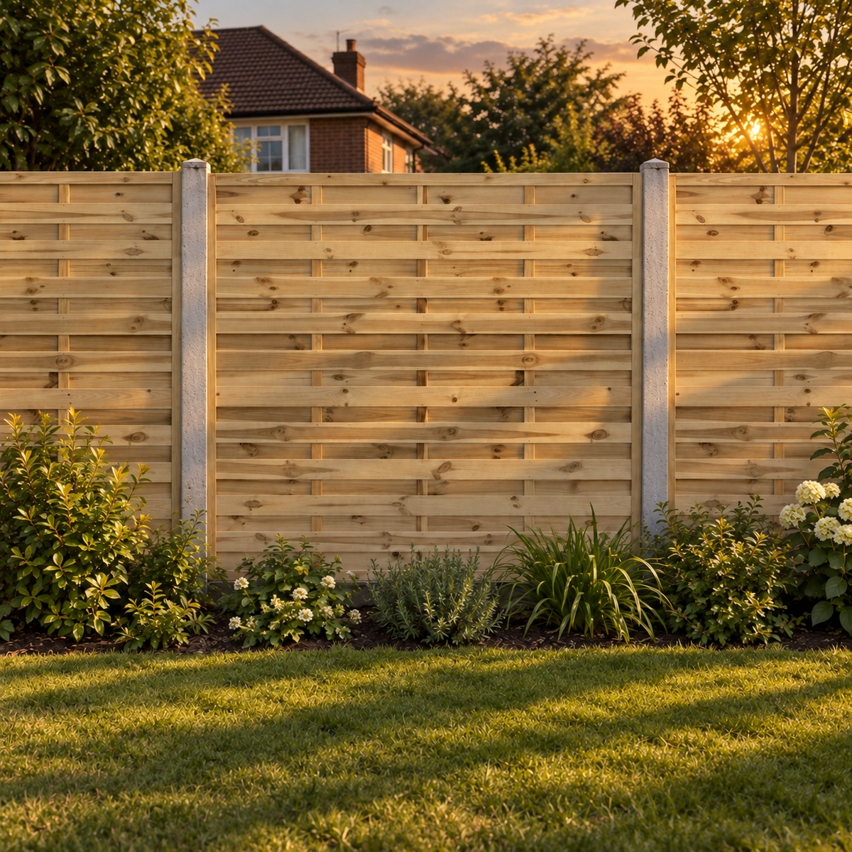 European Panel Model 1 6ft x 6ft 1828 x 1800 – evening garden view