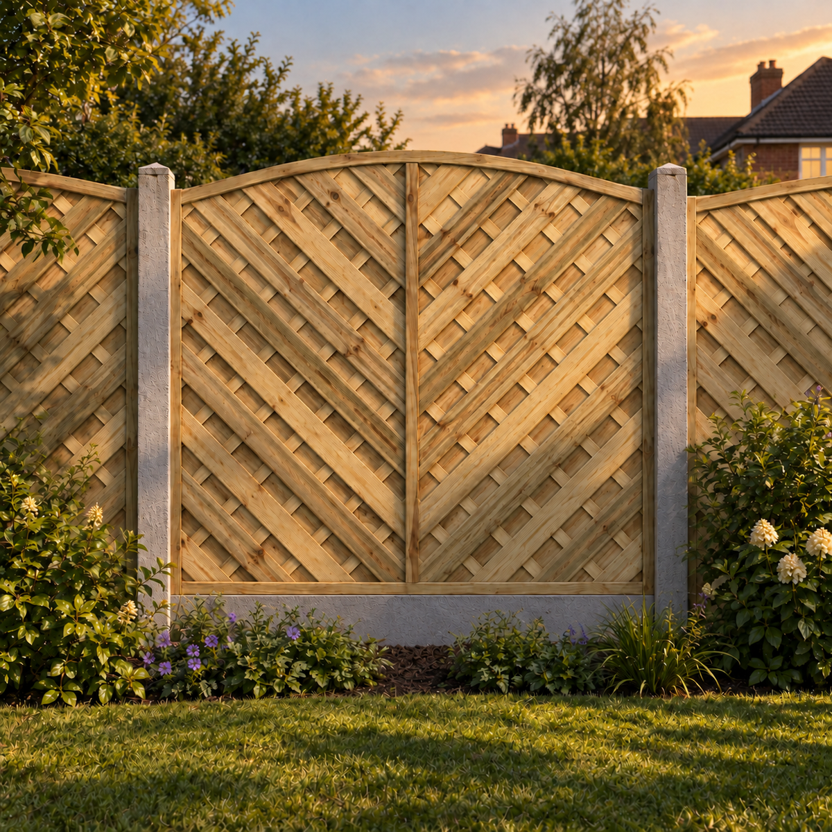 European Panel Model 14 6ft x 6ft 1828 x 1800 – evening garden view