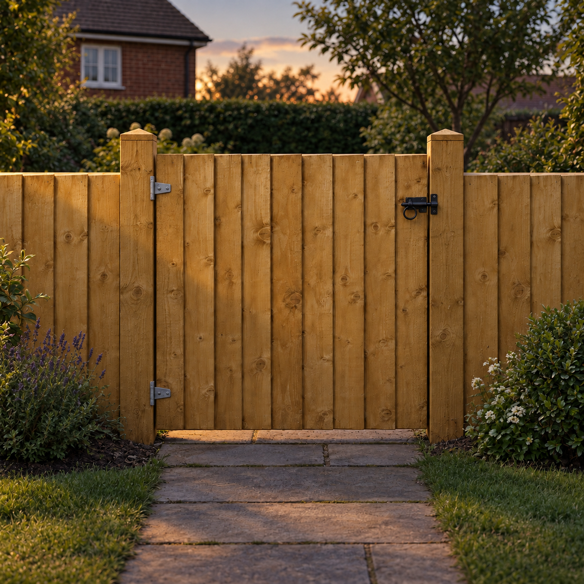 Fully Framed Feather Edge Gate 3ft x 3ft – evening garden view