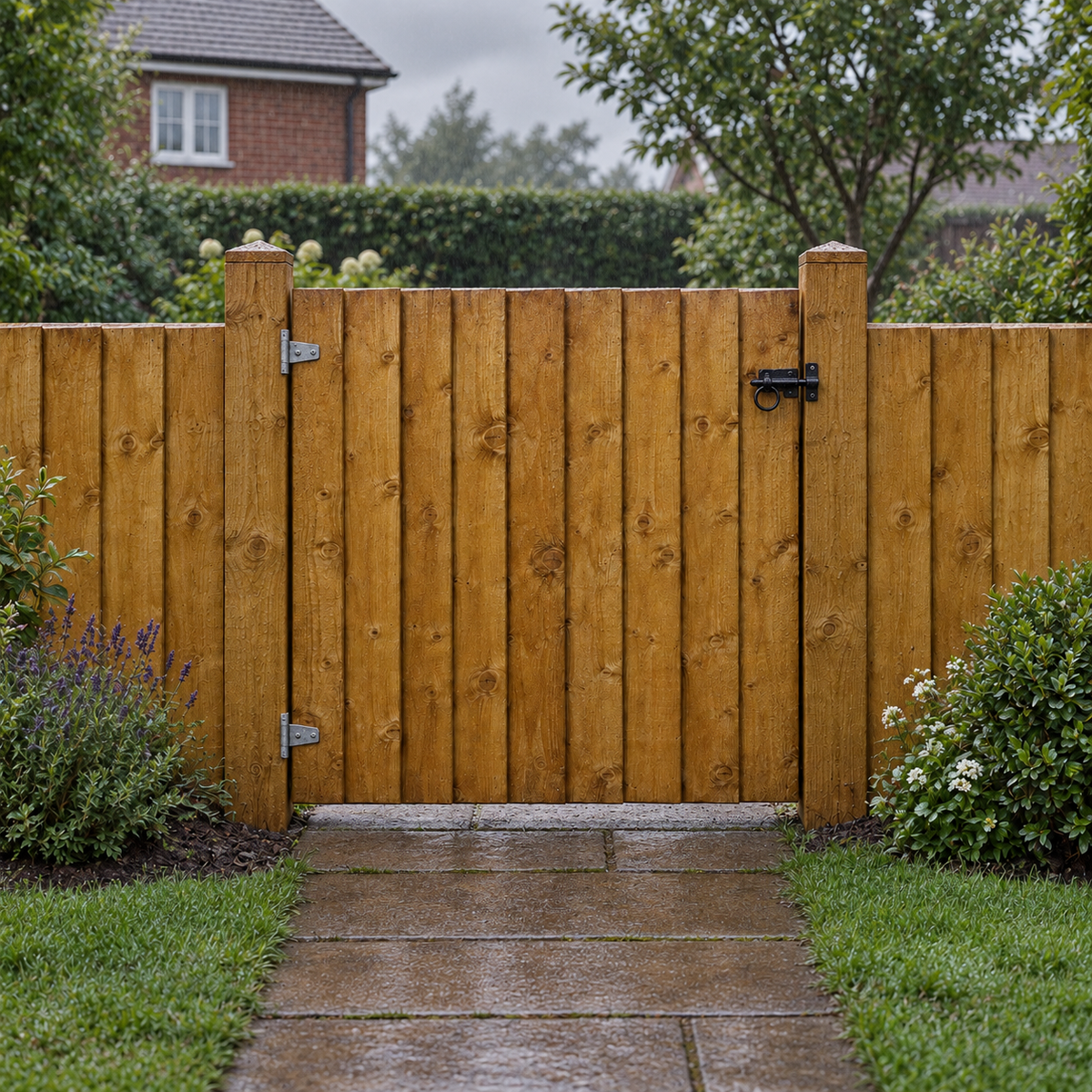 Fully Framed Feather Edge Gate 3ft x 3ft – rain garden view