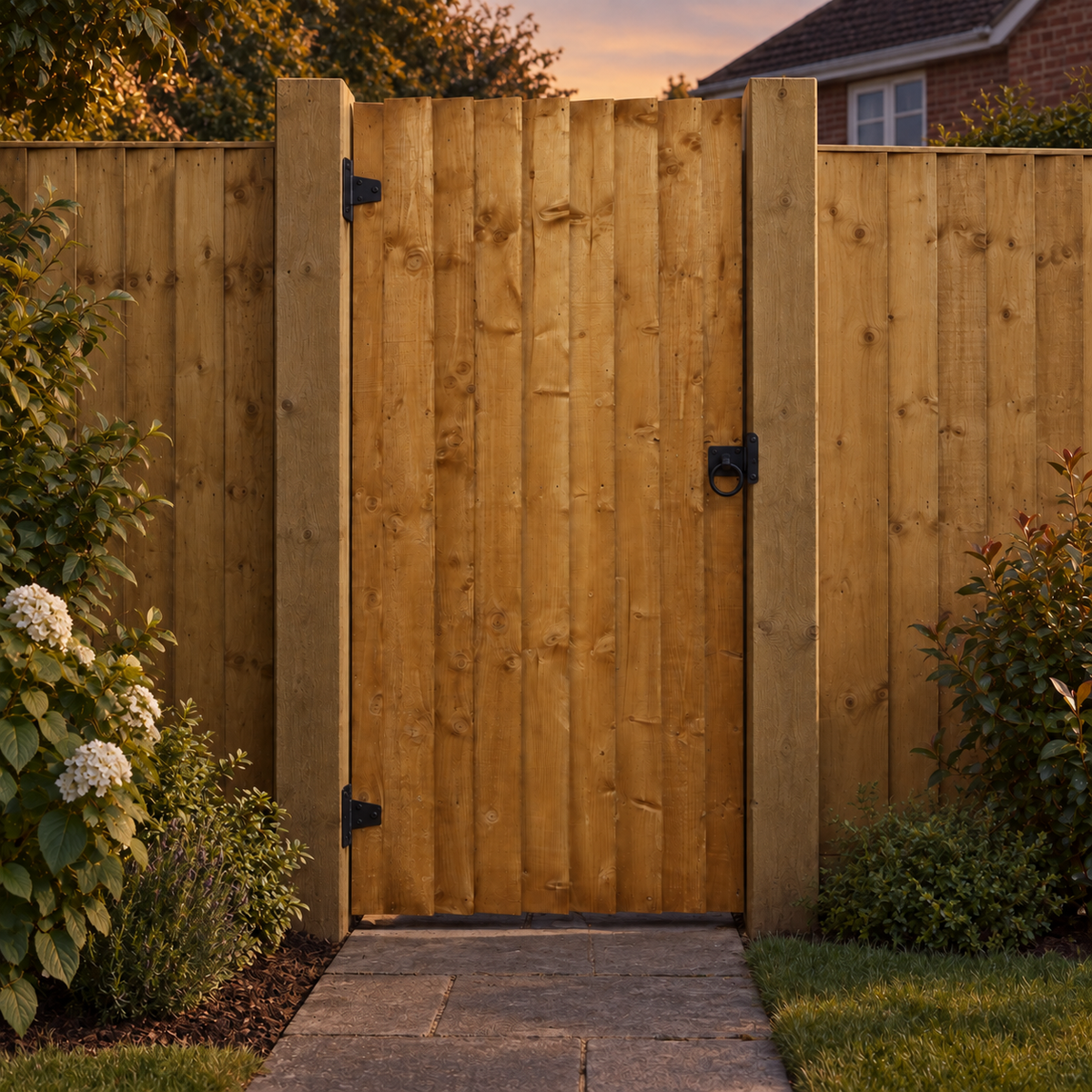 Fully Framed Feather Edge Gate 6ft x 3ft – evening garden view