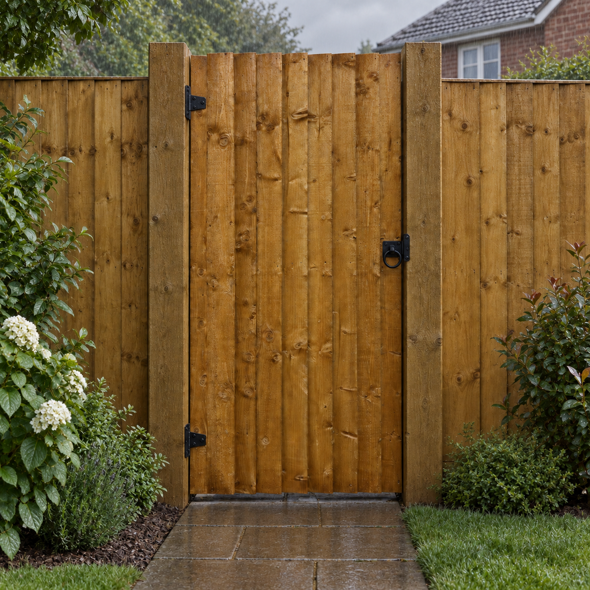 Fully Framed Feather Edge Gate 6ft x 3ft – rain garden view