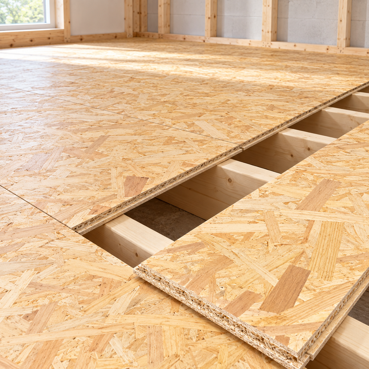 OSB3 tongue and groove boards being laid as a floor