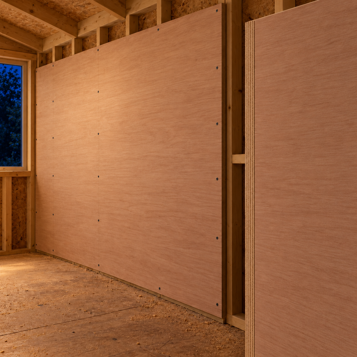 Plyboard in a garden, evening light