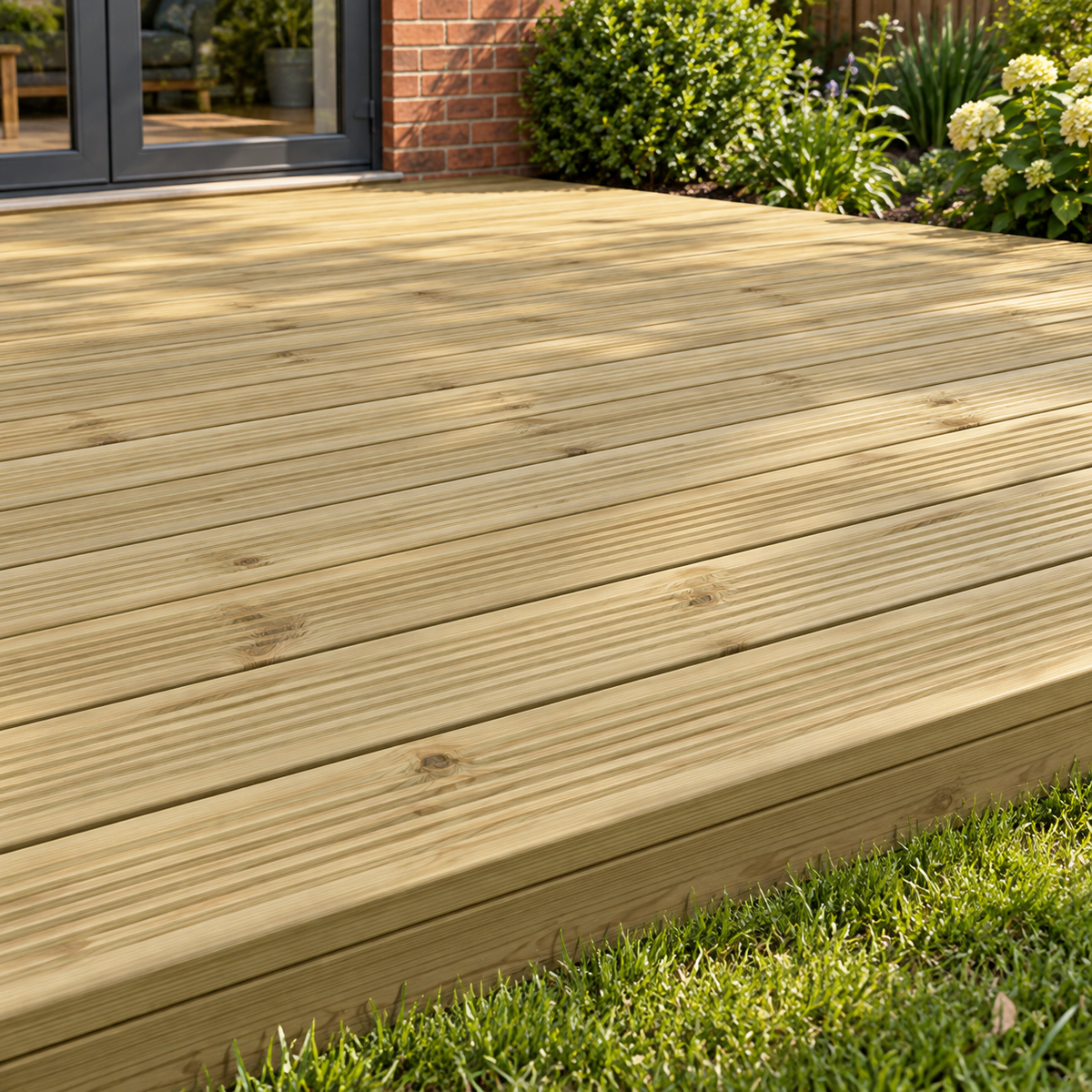 Timber Decking Boards 32mm x 125mm in a garden, day light