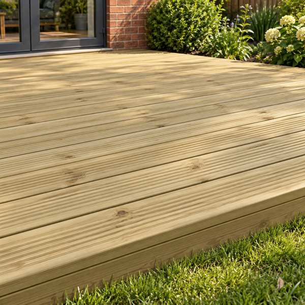 Timber Decking Boards 32mm x 125mm in a garden, day light