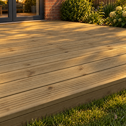 Timber Decking Boards 32mm x 125mm in a garden, evening light