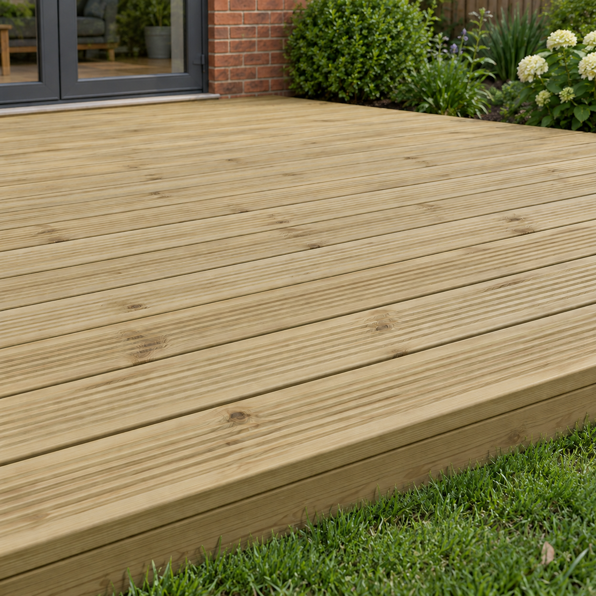 Timber Decking Boards 32mm x 125mm in a garden, overcast light
