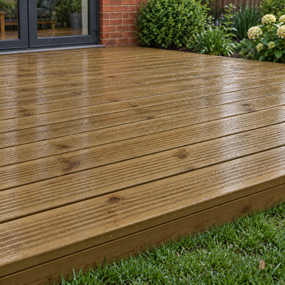 Timber Decking Boards 32mm x 125mm in a garden, rain light