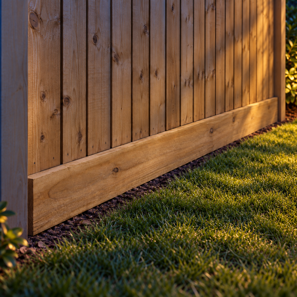 Timber Gravel Boards / Kickboards in a garden, night light