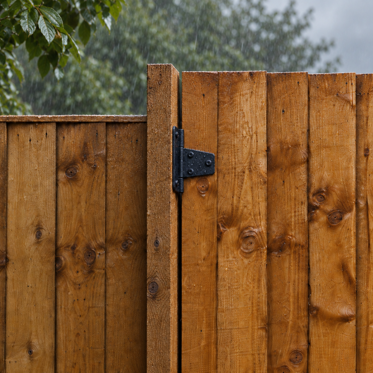 Timber Post in a garden, rain light